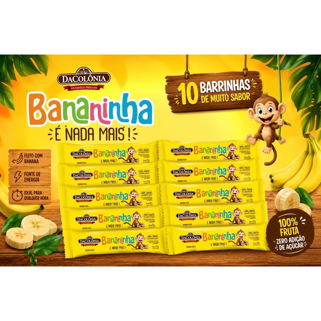 Kit 10 Bananinhas DaColônia Pura Fruta Zero Açúcar 22g cada | 100% Banana | Lanche Natural e Saudável