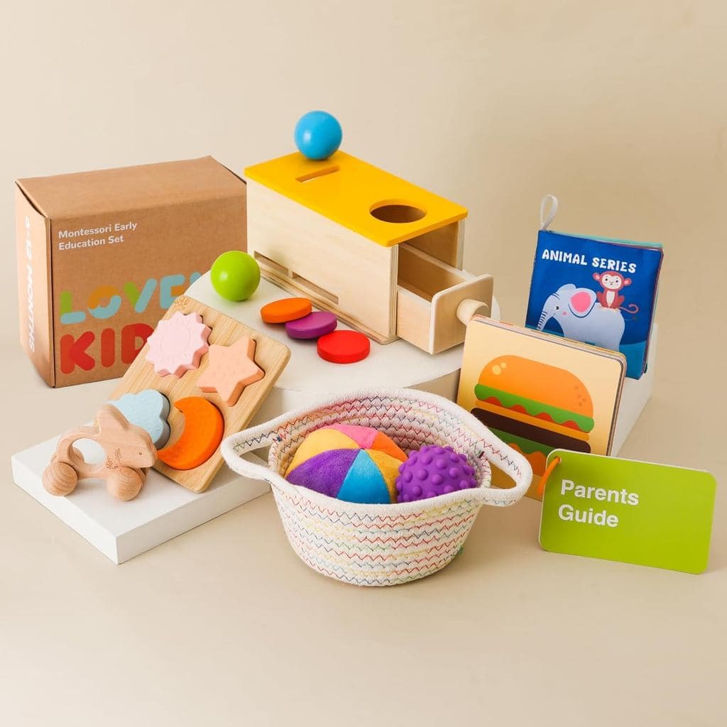 Brinquedos Montessori para Bebês de 6 a 12 Meses, Conjunto de Brinquedos Educativos 6 em 1, Kit de Brinquedos de Madeira