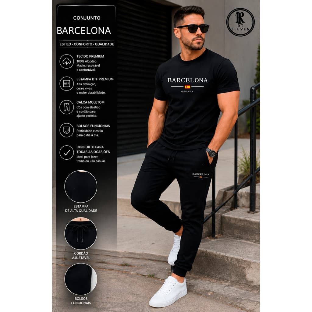 Kit Conjunto Barcelona  Camiseta e Calça moletom Moda unissex camiseta casual Malha Algodão + calça Moletom Com bolso Ar