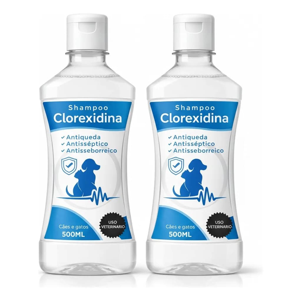 Kit 2 Shampoo Clorexidina 500ml 5 em 1 para Cães e Gatos Shampoo e Condicionador