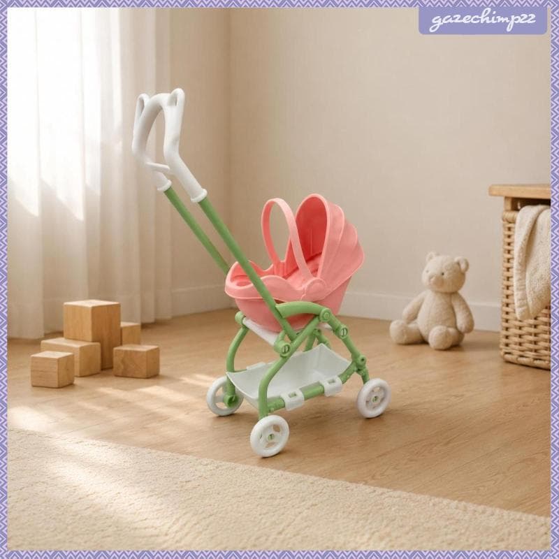 [Gazechimp] Carrinho De Boneca Dobrável Leve Mini Brinquedo Bebê Rosa Acessório De Jogo Moldura Verde