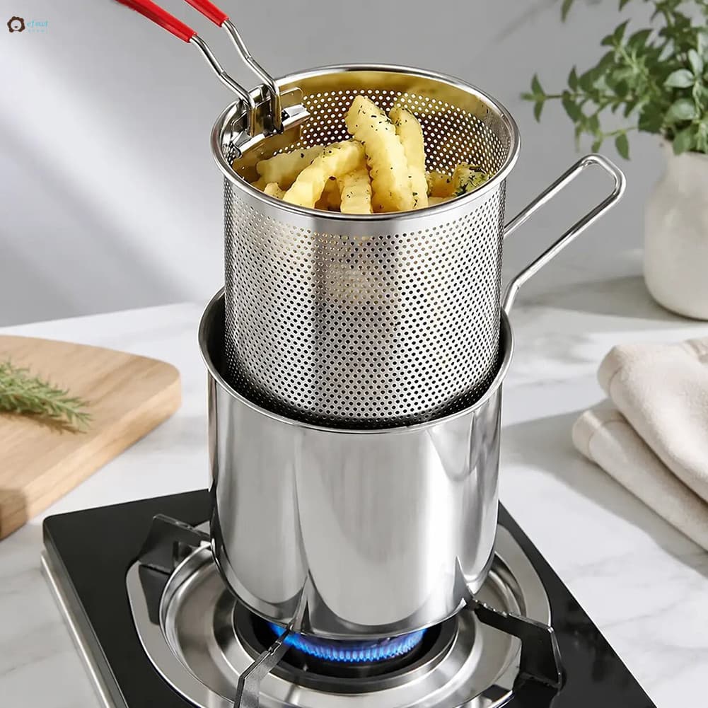 Pote De Fritadeira De Aço Inoxidável Com Cesta De Filtro Conjunto Rack De Gotejamento De Óleo Sem Bagunça Para Fritar Co