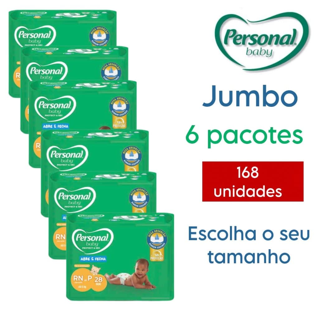 Kit 6 Pacotes Fralda Descartável Personal Baby JUMBO P,M,G,