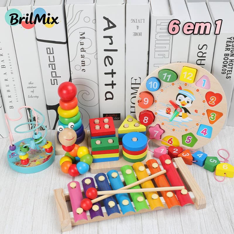 Kit Brinquedo Montessori Madeira 6 em 1-Brinquedos Educativos Musicais,Xilofone,Relógio,Blocos Formas,Torre Arco‑Íris