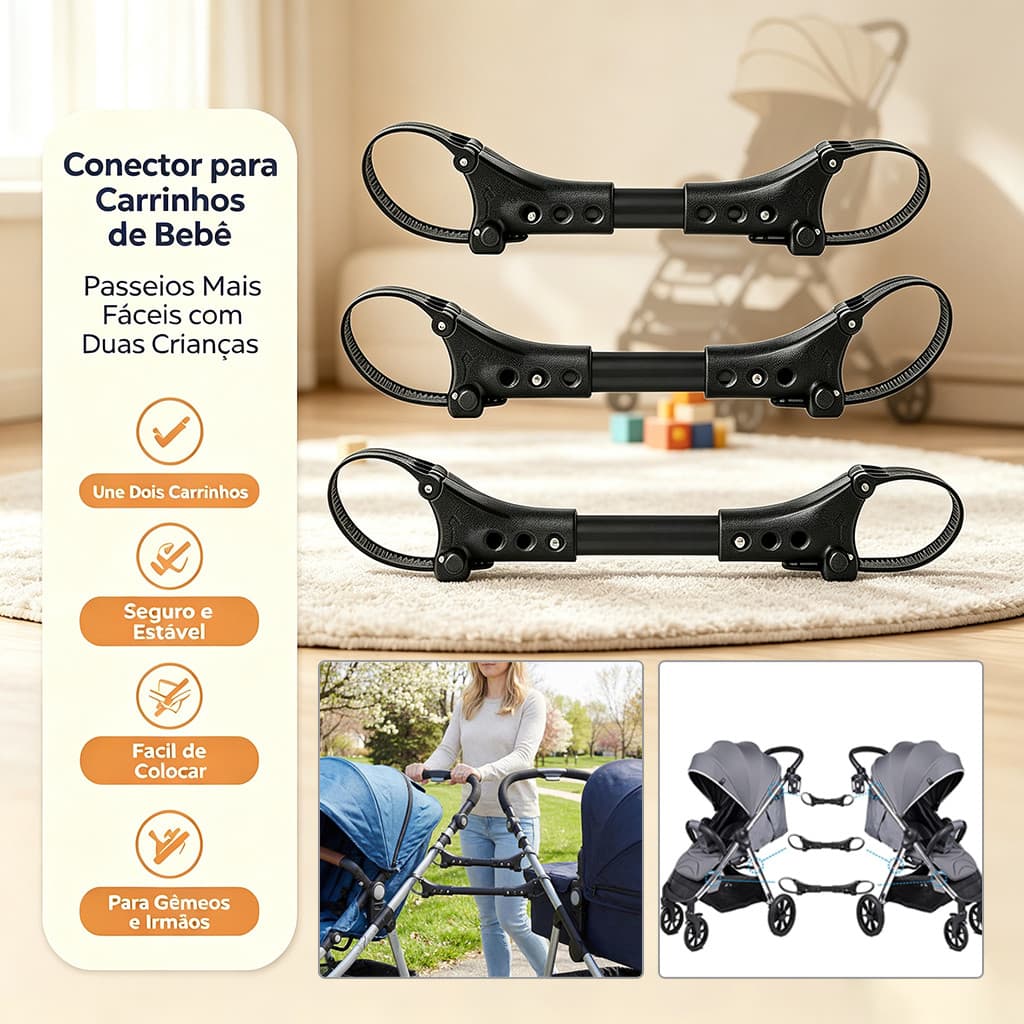 3Pcs Conector Extensível para Unir Dois Carrinhos de Bebê Haste Regulável com Alças de Fixação Compatível