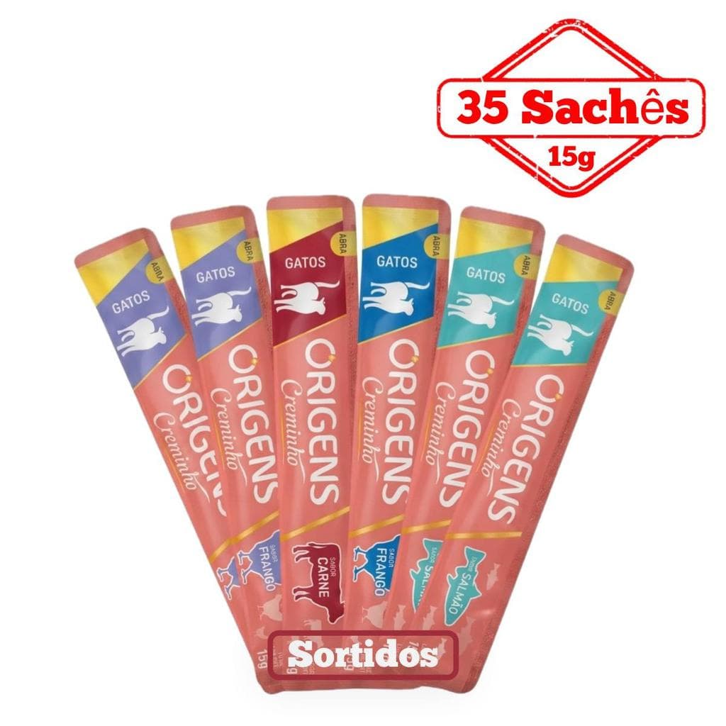 Petisco Cremoso Para Gatos Origens Creminho Snack Saudável Premium Sortidos 15g 35 Un.