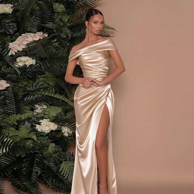YJ24467 Vestido mercerizado de um ombro vestido dividido feminino estilo celebridade roupas femininas elegantes