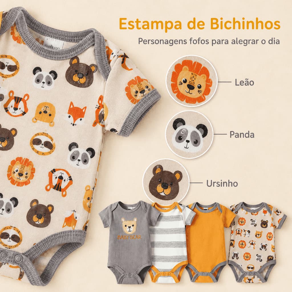 Kit Body Bebê 4 Pcs 100% Algodão Roupa Bebê Manga Curta Bodies Infantil Enxoval Recém-Nascido Dia a Dia P M G