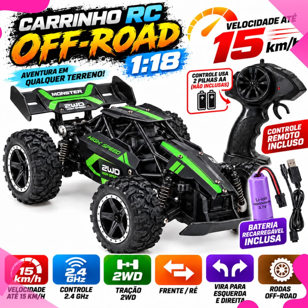 Carrinho Controle Remoto Trilha Recarregável Brinquedo Jeep Off-road Escala 1:18 Pneus Borrachudo