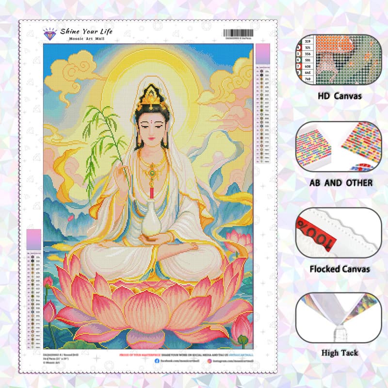 [PL Diamantes AB Atualizados + Tecido Flocado] Pintura Diamante Lotus Guanyin 5D DIY Artesanato Mosaico Bordado Arte Cri