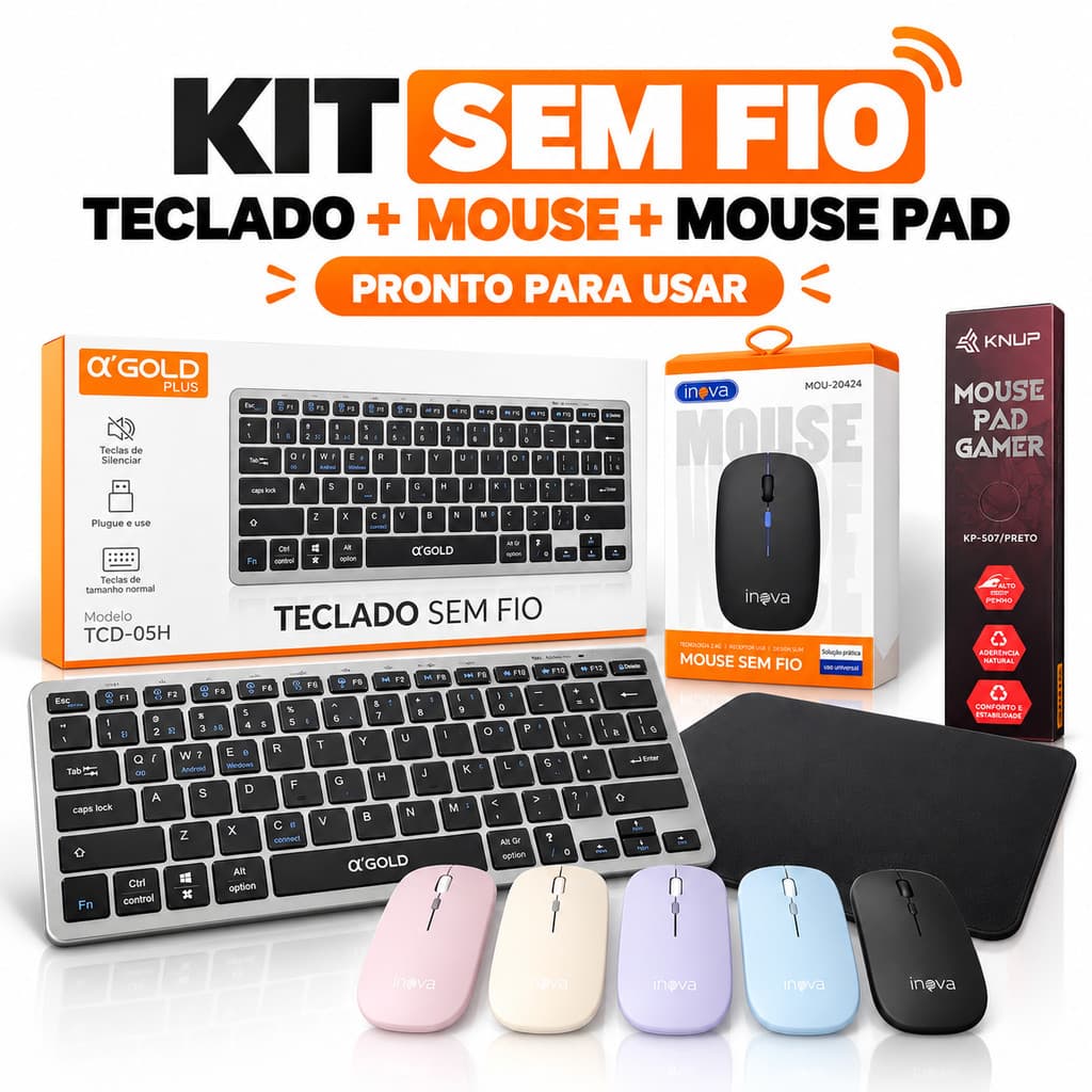 Kit Teclado Sem Fio Wireless A + Mouse Inova e Mouse Pad Preto