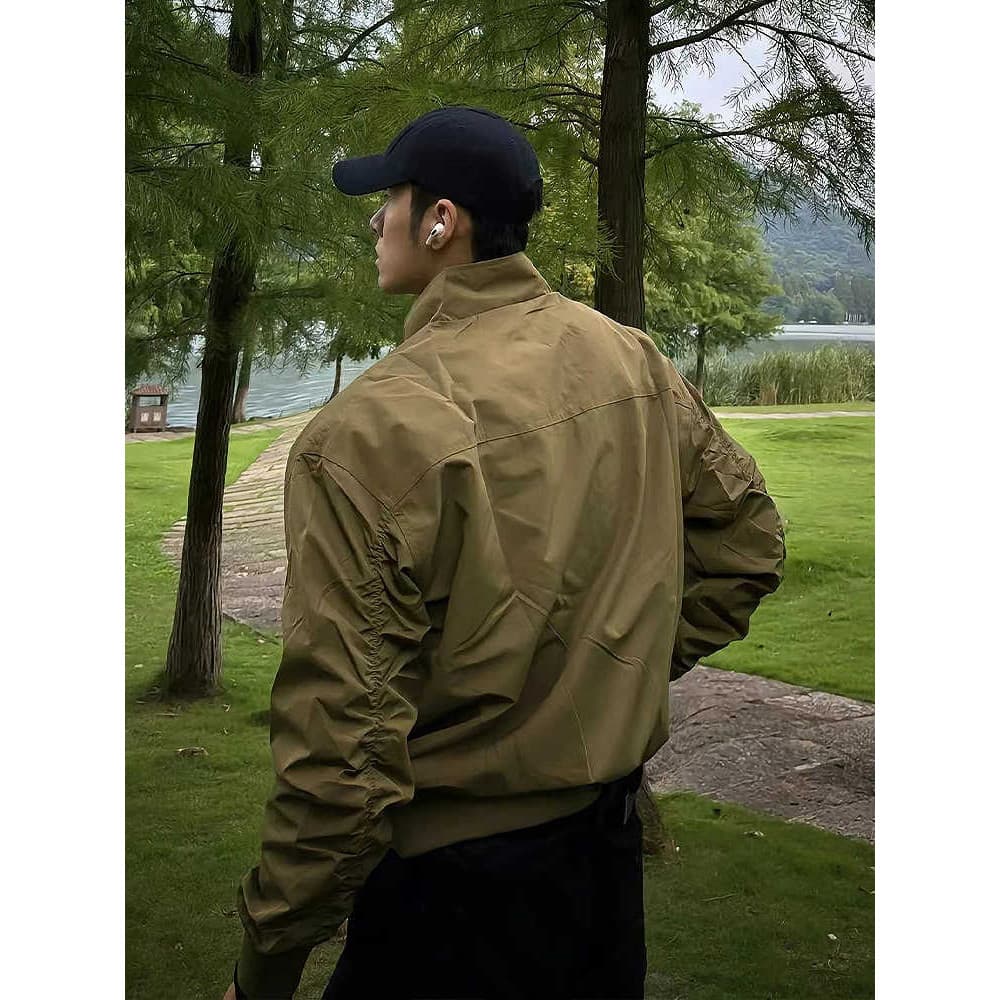 Exército verde gola bombardeiro treinador jaqueta masculina outono jaqueta curta americano Retro High-End jaqueta