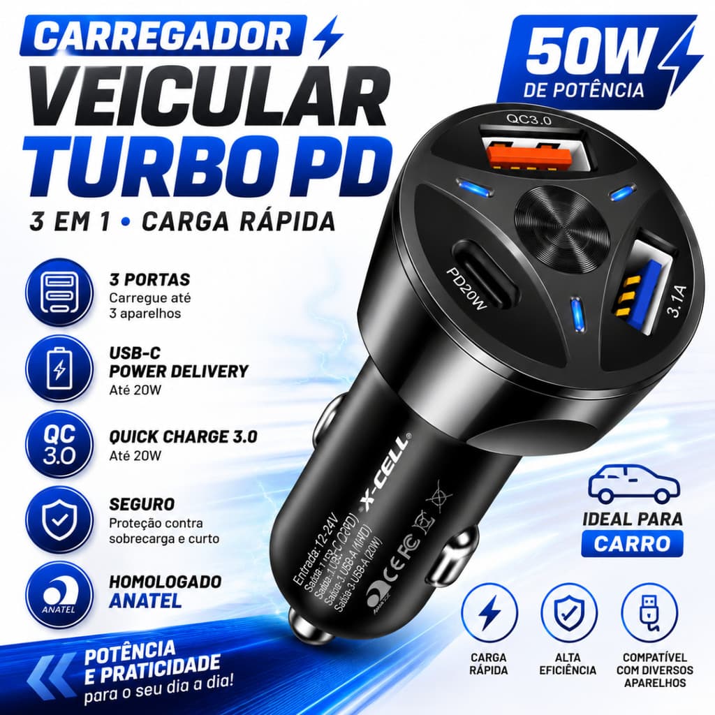 Carregador Veicular Usb Turbo 3.1a Usb-c 3 Saídas 50w Fast Carro 3 em 1 Preto