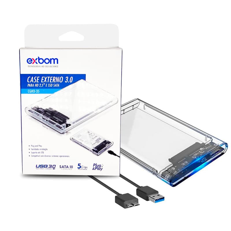 Case HD Externo 2.5 SATA SSD USB 3.0 Transparente Notebook PC Plug Play 6Gbps