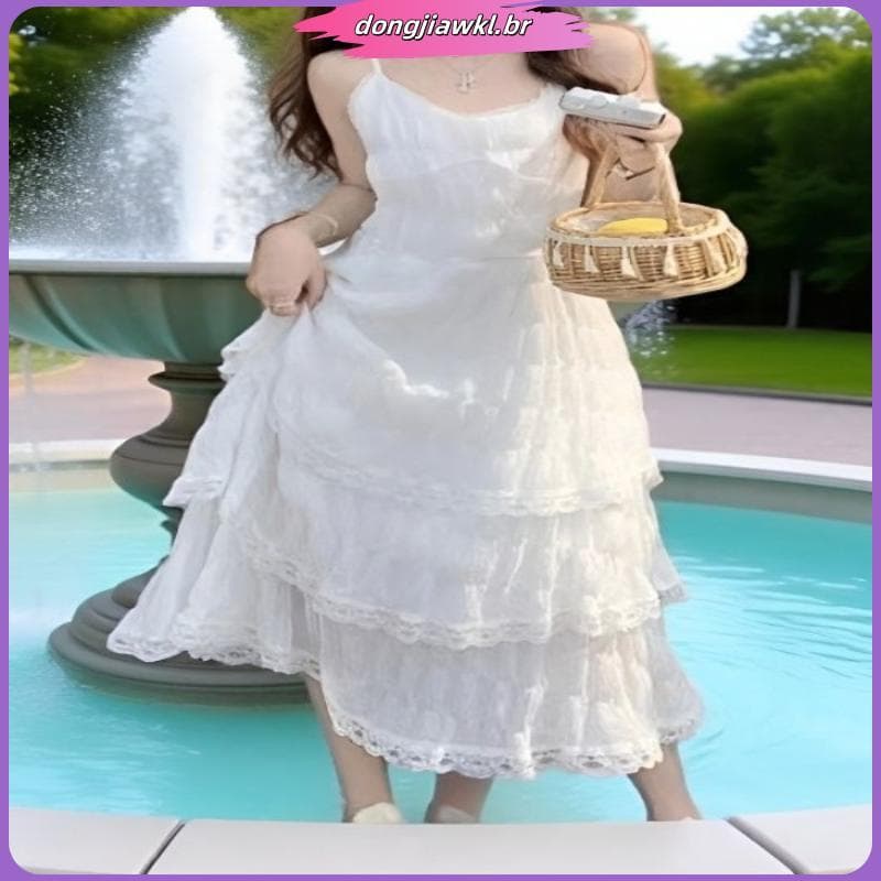 Francês branco costura estilingue vestido de verão feminino novo estilo vestido de bolo de renda vestido de férias à bei