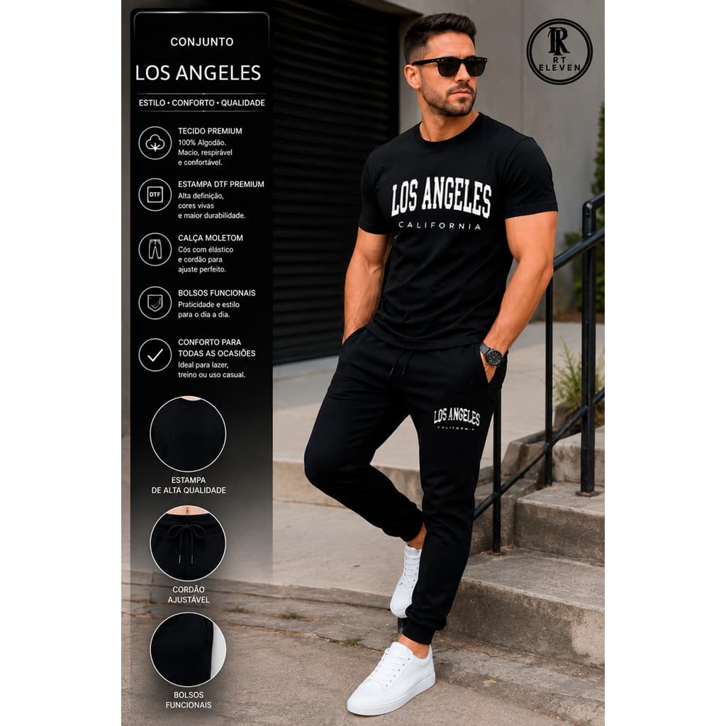 Kit Conjunto Los Angeles Camiseta e Calça moletom Moda Streetwear casual Malha Algodão + calça Moletom Com bolso Cs