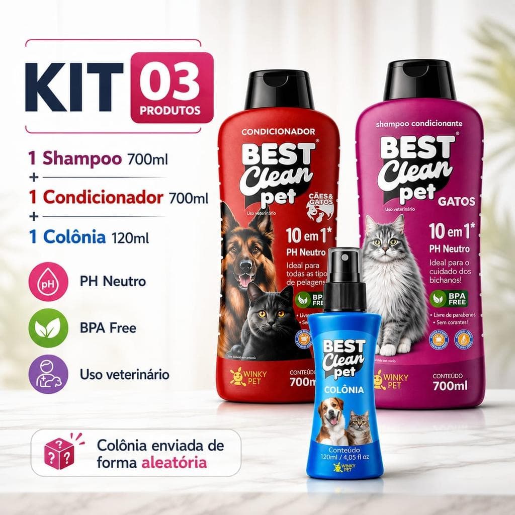 Kit Shampoo para Gatos 10 em 1 com Condicionador e Colônia — 700ml + 700ml + 120ml, pH neutro, sem parabenos