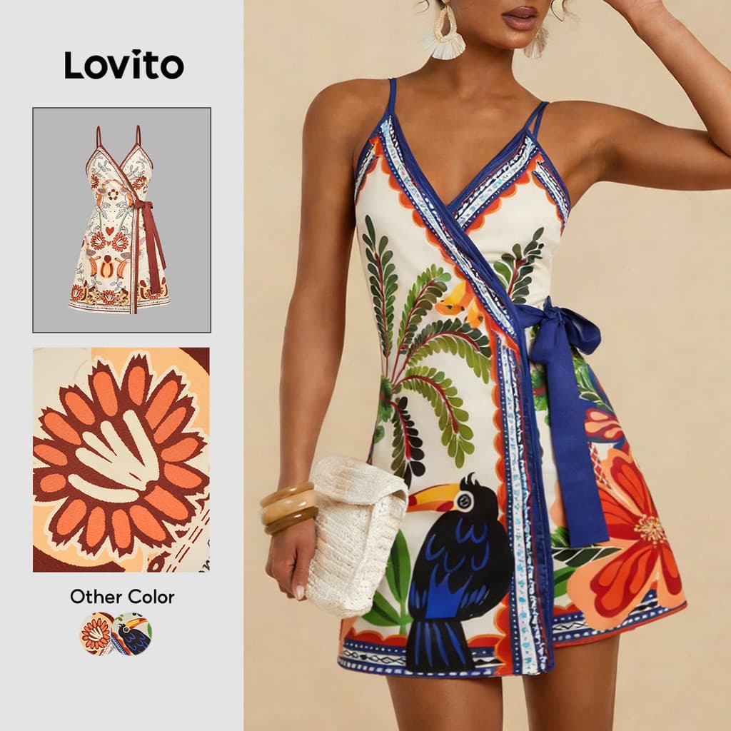 Lovito Férias Vestido com Cinto Praia Floral Curto Primavera/verão para Mulheres LBL32241