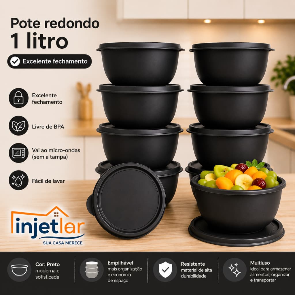 Kit de potes redondos 1 litro para cozinha com 10 peças para marmita