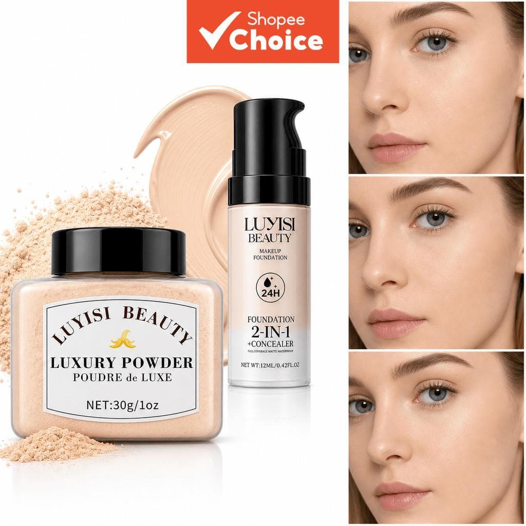Conjunto de Maquiagem Base Mate 2 peças (Base Líquida + Pó Solto Fixador), Cobertura Total, Maquiagem Facial Impecável,