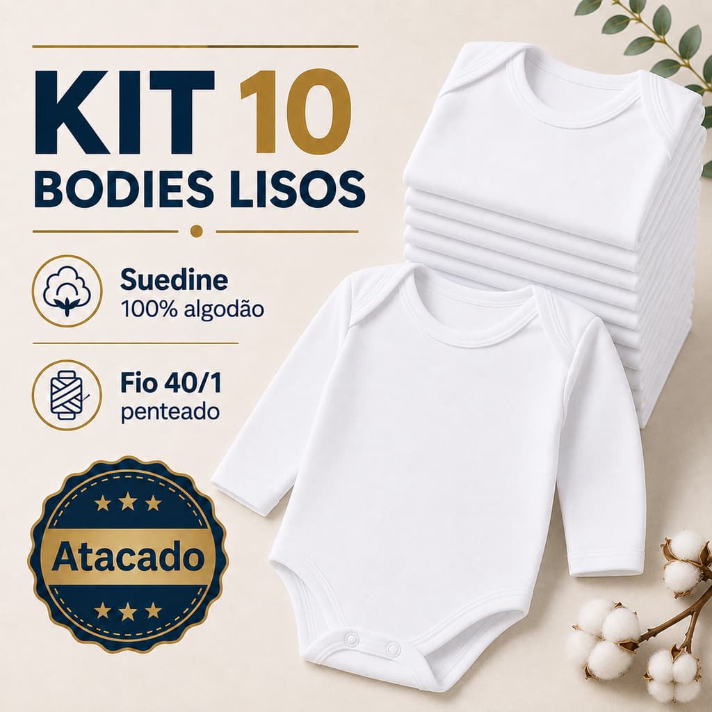 Kit 10 Body Bebê Longo Enxoval Atacado 100% Algodão Suedine Penteado
