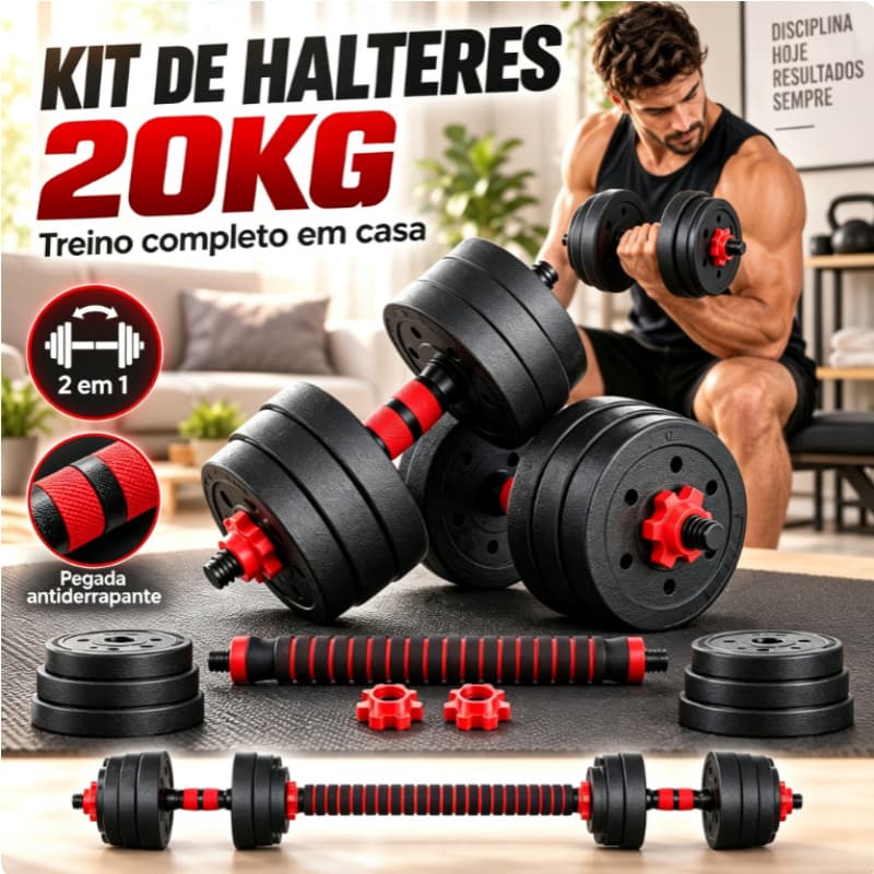 Halteres 20kg 2 em 1 Ajustável, peso de academia para musculação em casa, anilhas com trava e pegada antiderrapante