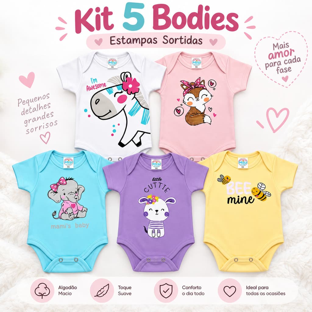 Kit 5 Peças Body Bebê Menina Verão Manga Curta Suedine 100% Algodão Super Macio Ideal Presente P ao GG Enxoval
