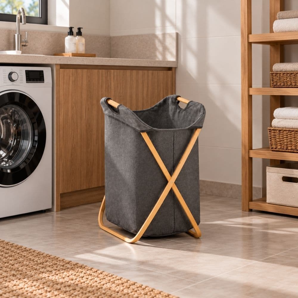 Cesto Organizador Multiuso Dobrável em Tecido e Bambu 64cm - Ideal para Roupas, Quarto, Closet e Banheiro