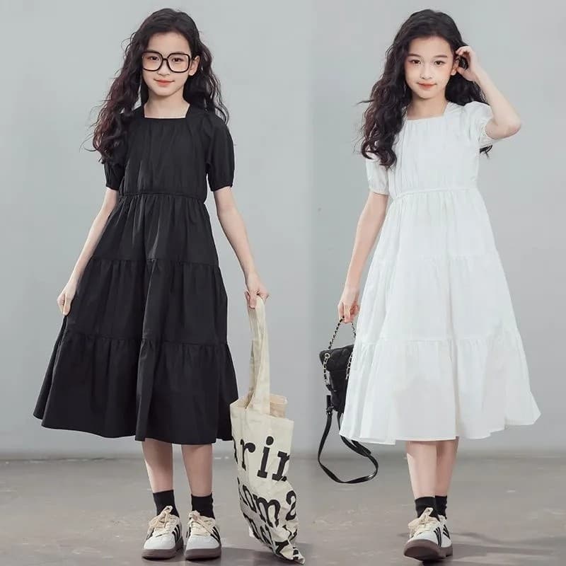 Meninas vestido de verão vestido feminino bebê temperamento vestido de cor sólida vestido infantil verão de manga curta 