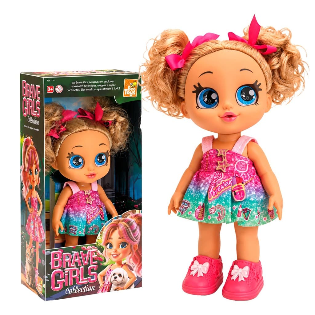 Boneca Brave Em Vinil Articulada Vestido Colorido Laços Rosa Cacheada 28 Cm - Bee Toys