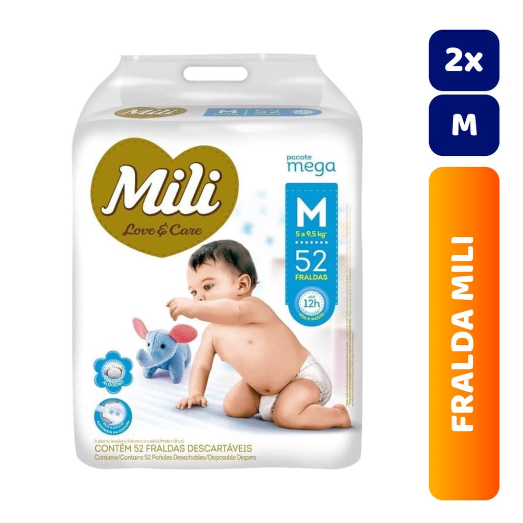Kit 2x Fralda Infantil Mili Mega Love & Care Premium C/52 M