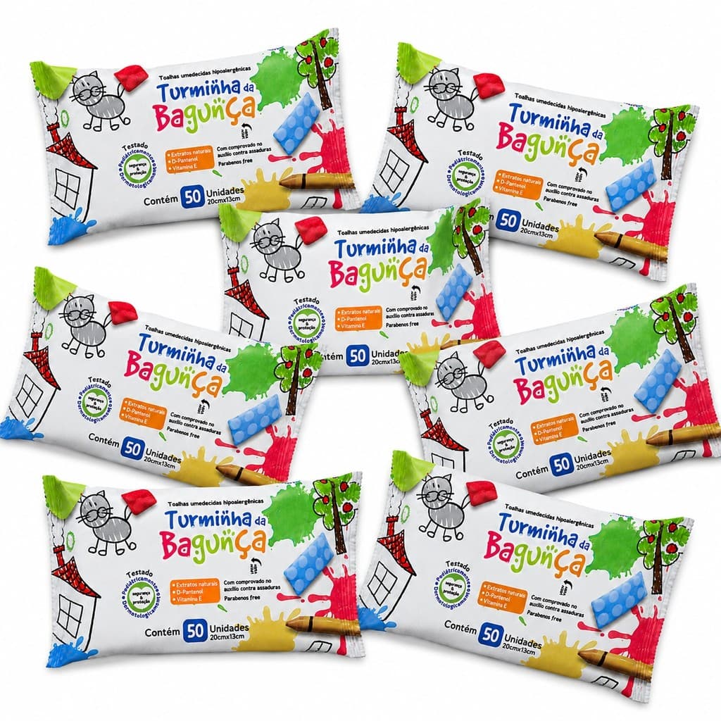 Kit 7 Lenços Umedecido Infantil 50 Folhas - Hidratação Limpeza Suave Bebê - Turminha da Bagunça