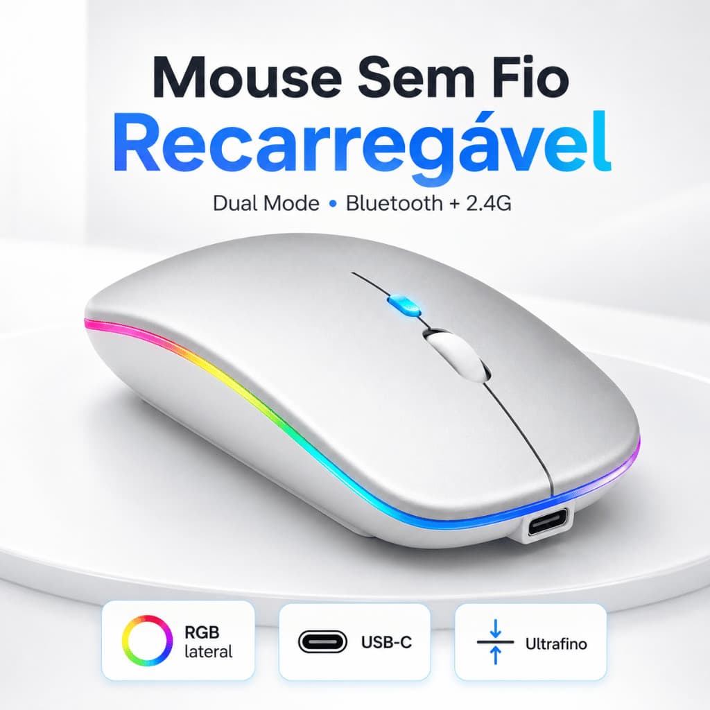 Mouse Bluetooth Sem Fio com LED Dual Mode 2.4G RGB Recarregável USB-C Silencioso para Notebook