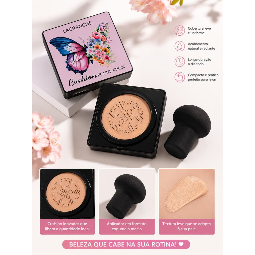 Bb Cream Base Cushion Facial Labranche Com Esponja Cogumelo Acabamento Natural Longa Duração Cobertura Alta