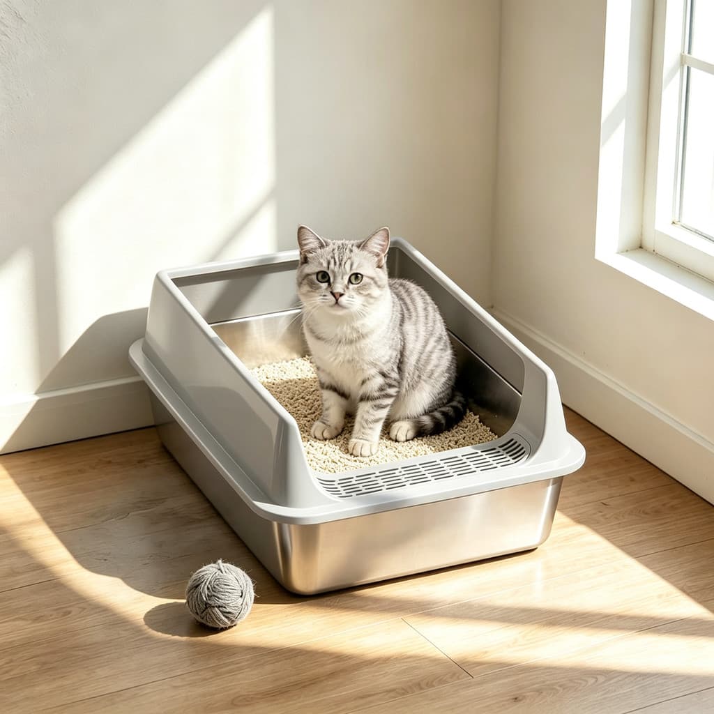 Caixa Sanitária de Aço Inoxidável para Gatos Borda Elevada Anti Fuga de Areia Resistente Não Deforma Limpeza rápida com 