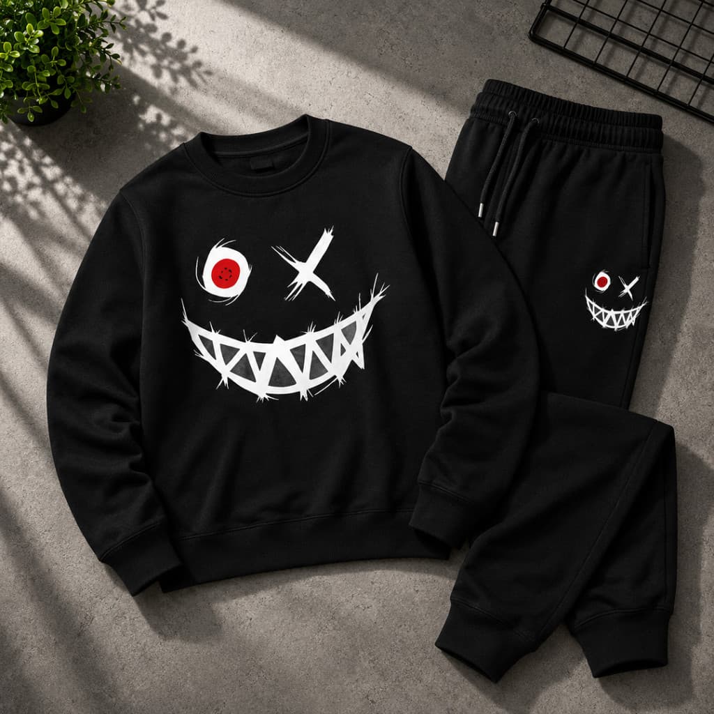 Conjunto de moletom Smiley desenhos Streetwear moda casual solto moletom masculino e Feminino Blusa e Calça moletom