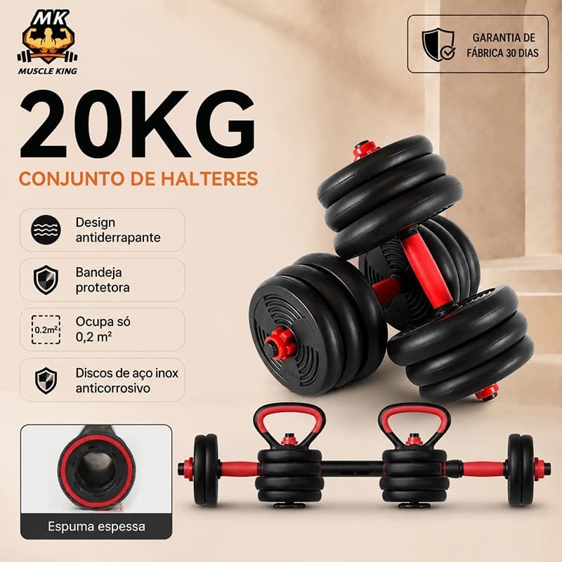 Muscle King Kit Halteres Dumbbell 20KG Ajustável Musculação Academia Fitness Treino em Casa Braço Peito Costas