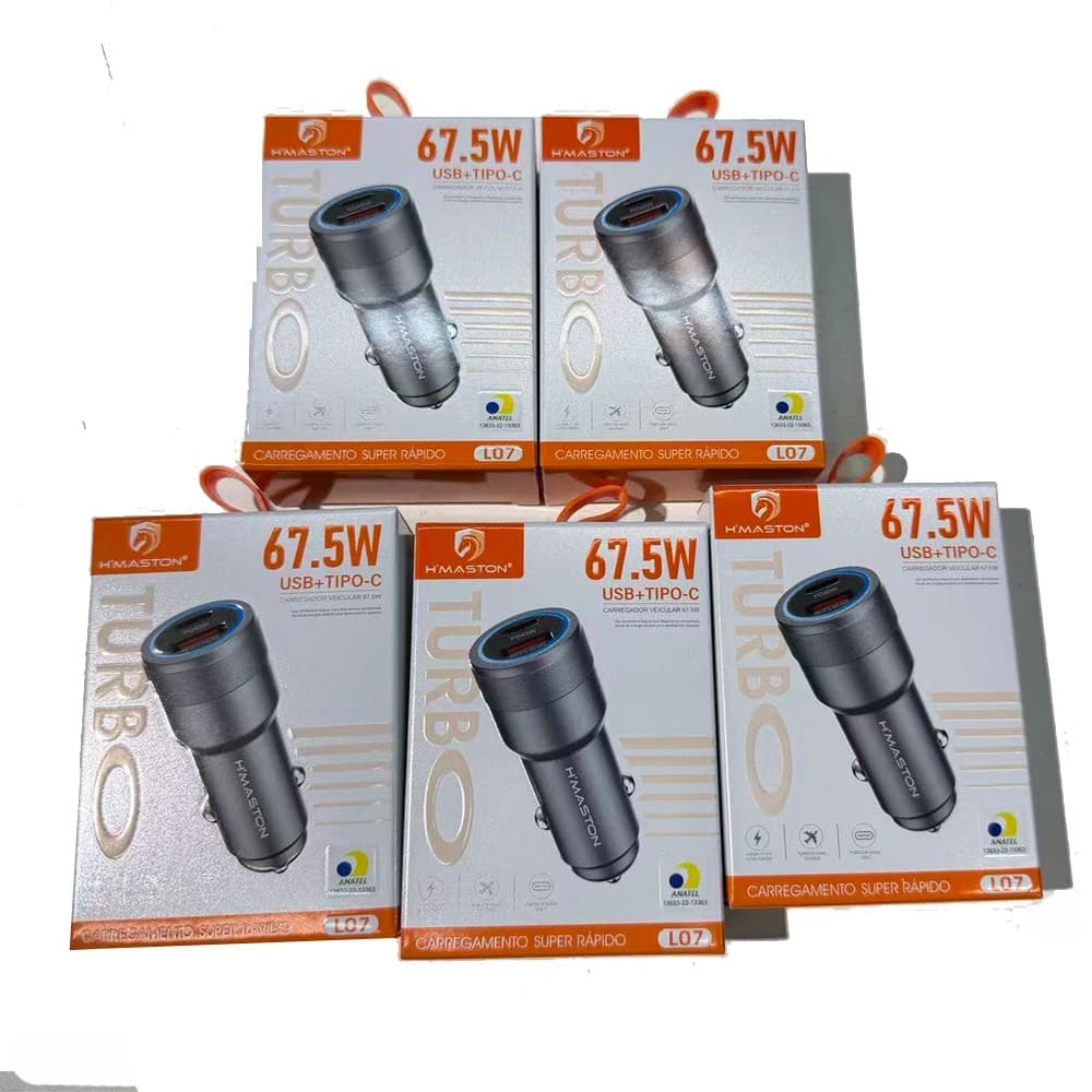 Kit 4 H'maston L09 Carregador Veicular turbo TIPO C + USB 45W Carregamento rápido PD 25W QC 3.0 20W