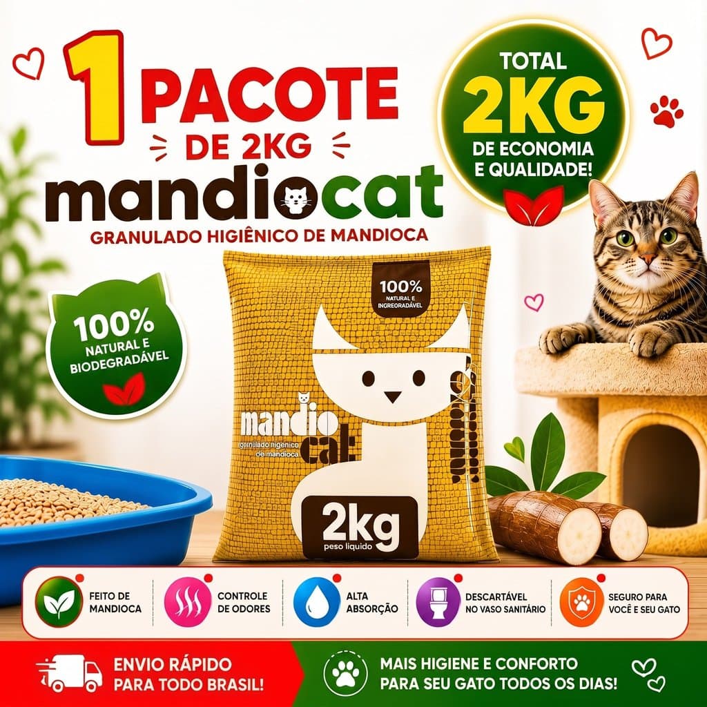 Areia Higiênica Mandiocat 2Kg Zero Odor Biodegradável Sanitária 100% Natural Pet Gato Ultra Absorvente