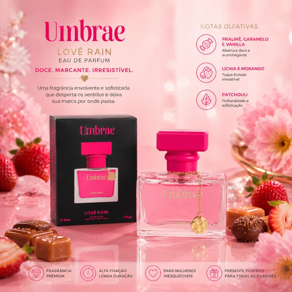 Perfume Feminino Importado Premium 30ml Lové Rain Longa Duração Praliné Caramelo Baunilha Morango Alta Fixação