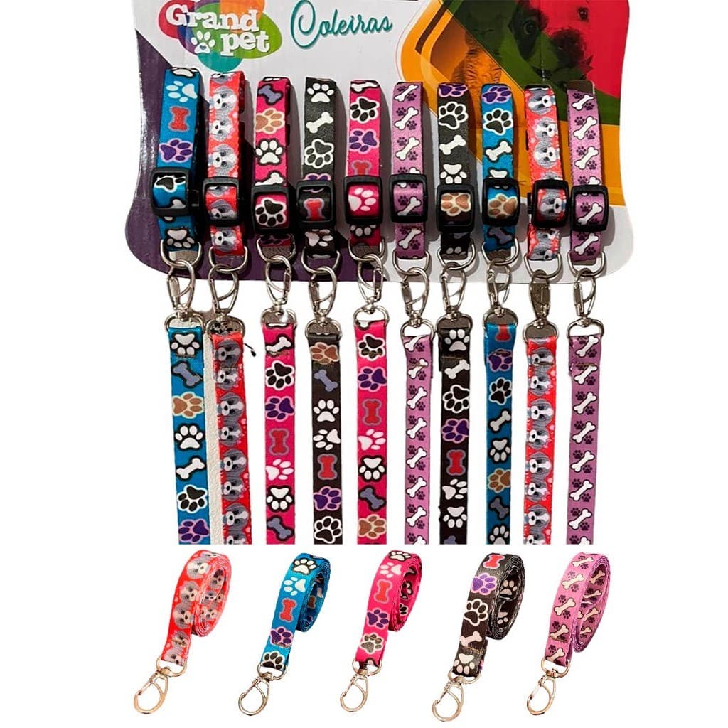 cartela de coleiras para cachorros e gatos com guia varias cores estampado