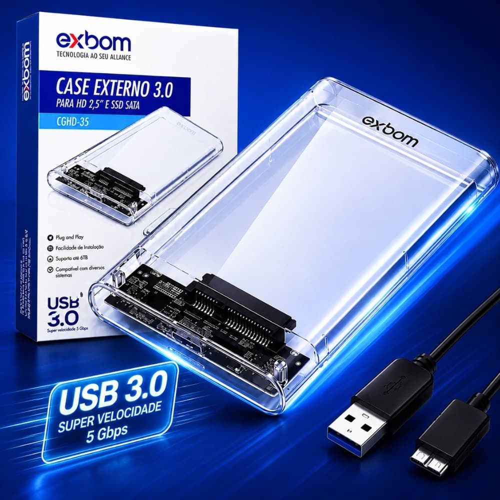 Case HD Externo 3.0 para HD e SSD Transparente com Cabo USB