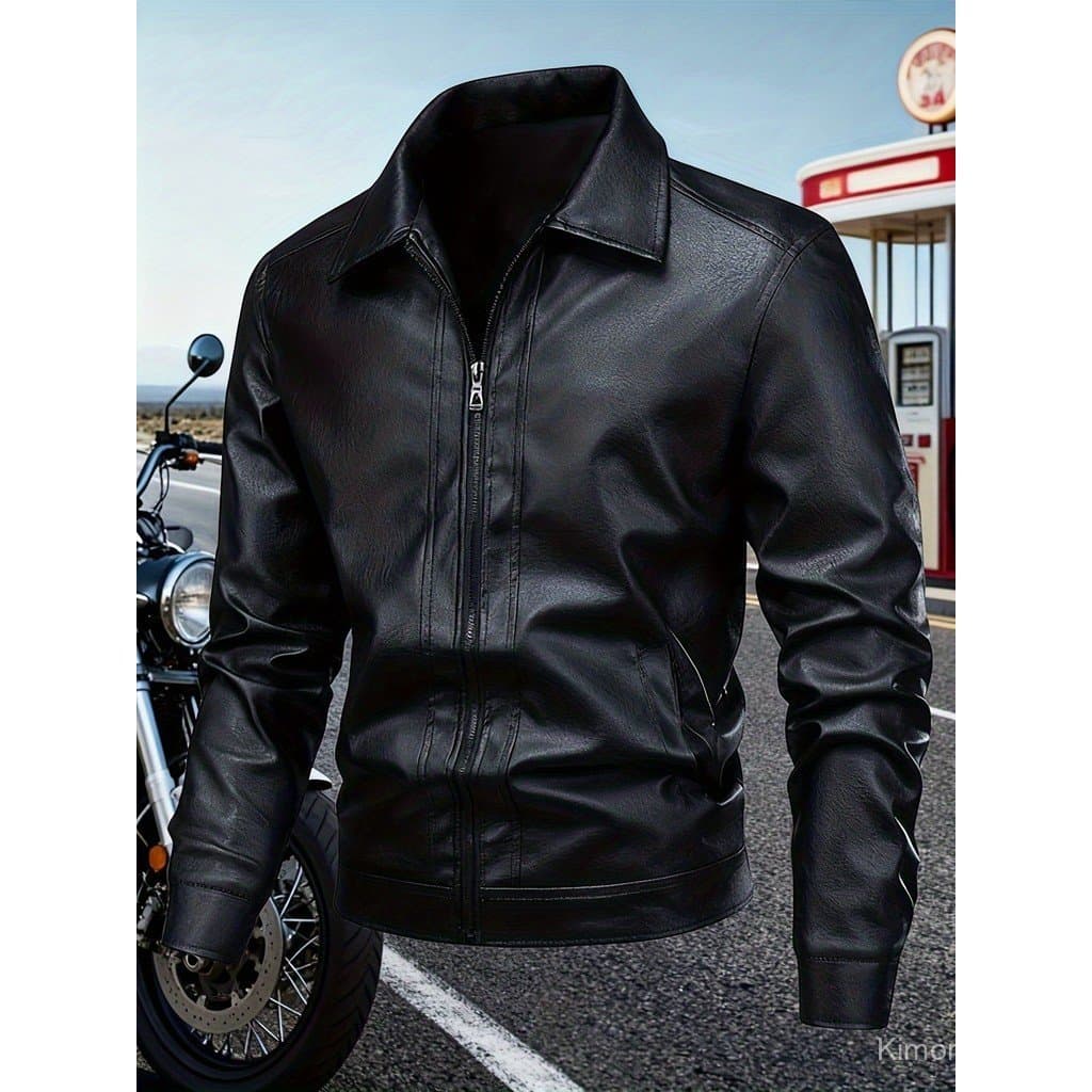 Jaqueta Masculina de Couro PU Marrom e Preta, Jaqueta Clássica de Couro PU com Zíper e Lapela, Jaqueta de Montaria Slim 
