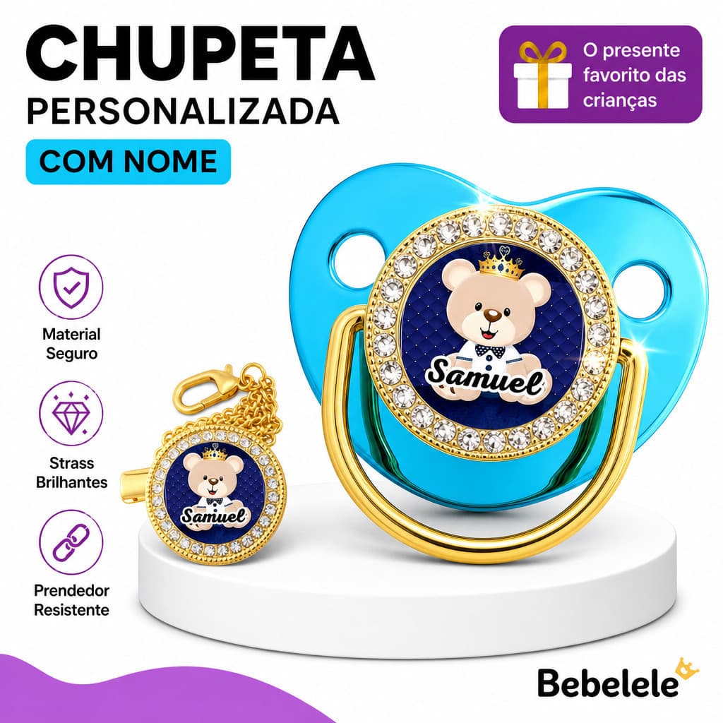 Chupeta de bebé em formato plano, personalizada com nome/foto, acompanha chupeta/clip/corrente/fecho&F6GY