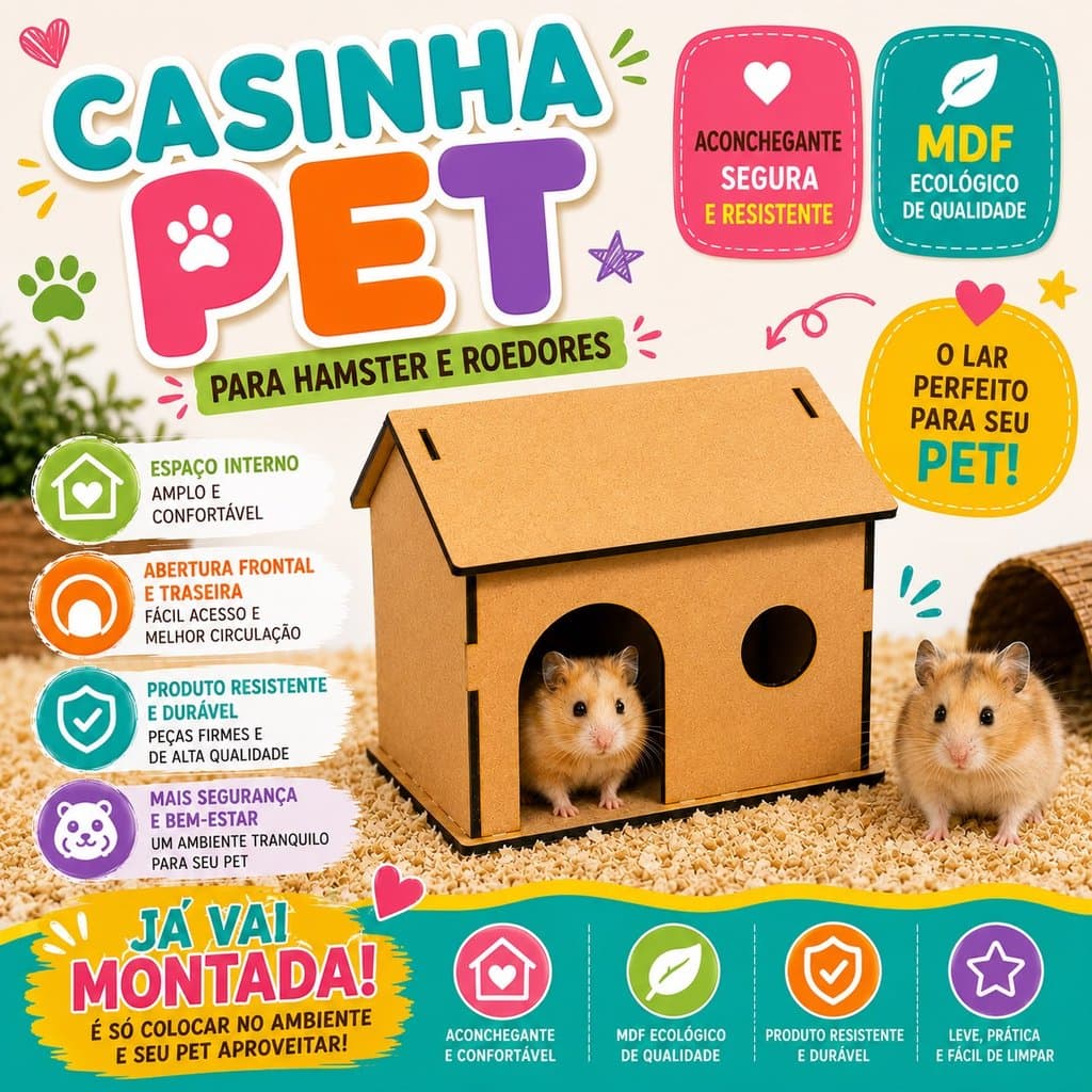 Toca para Hamster e Roedores Casinha Pet em MDF Abrigo Confortável com Porta e Janela