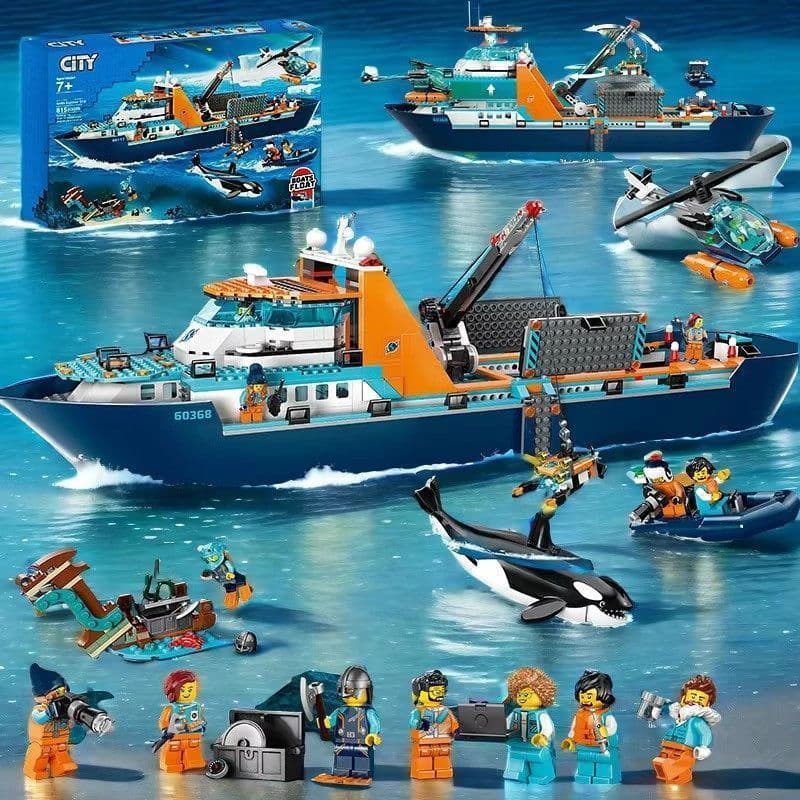 1.000 peças de blocos de montar Lego, série Aventura Polar no Oceano, navio de exploração com roda gigante, brinquedos d
