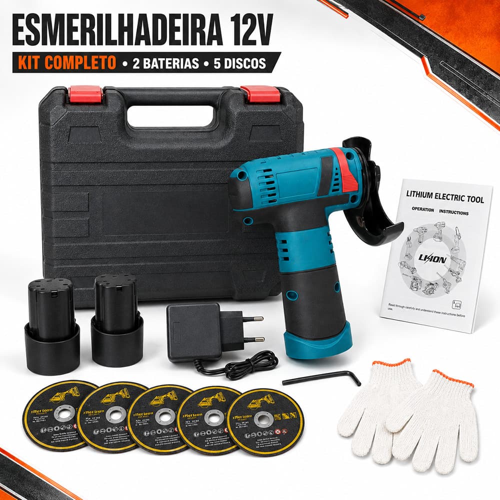Esmerilhadeira Angular 12V Sem Fio Kit com 2 Baterias, 5 Discos de Corte e Maleta
