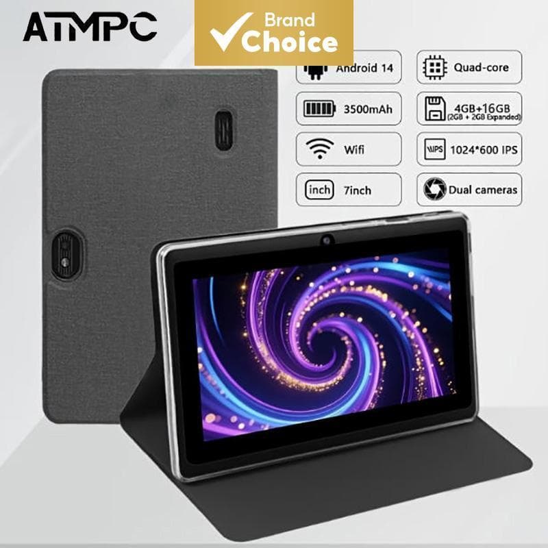 Tablet Android 14 de 7 polegadas ATMPC, 16 GB de armazenamento, tela IPS 1024×600, Wi-Fi, câmeras duplas, tablet