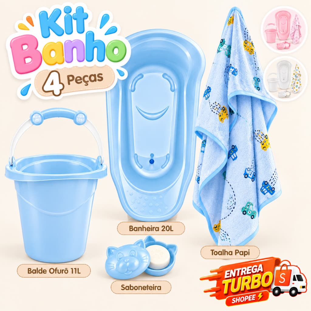 Kit Banho Bebê Banheira 20L com Balde Ofurô 11L Saboneteira e Toalha de Banho Papi Recém Nascido Menina Menino