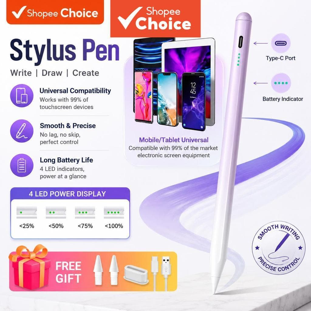 Caneta Universal Stylus para Telas de Toque Compatível com Android, Tablets e Apple iPad, Caneta Capacitiva Ativa